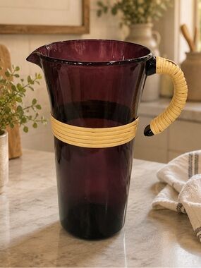 Purple Amethyst Hand Blown Glass Pitcher w Rattan-Wrapped Handle | 9” H | VGUC